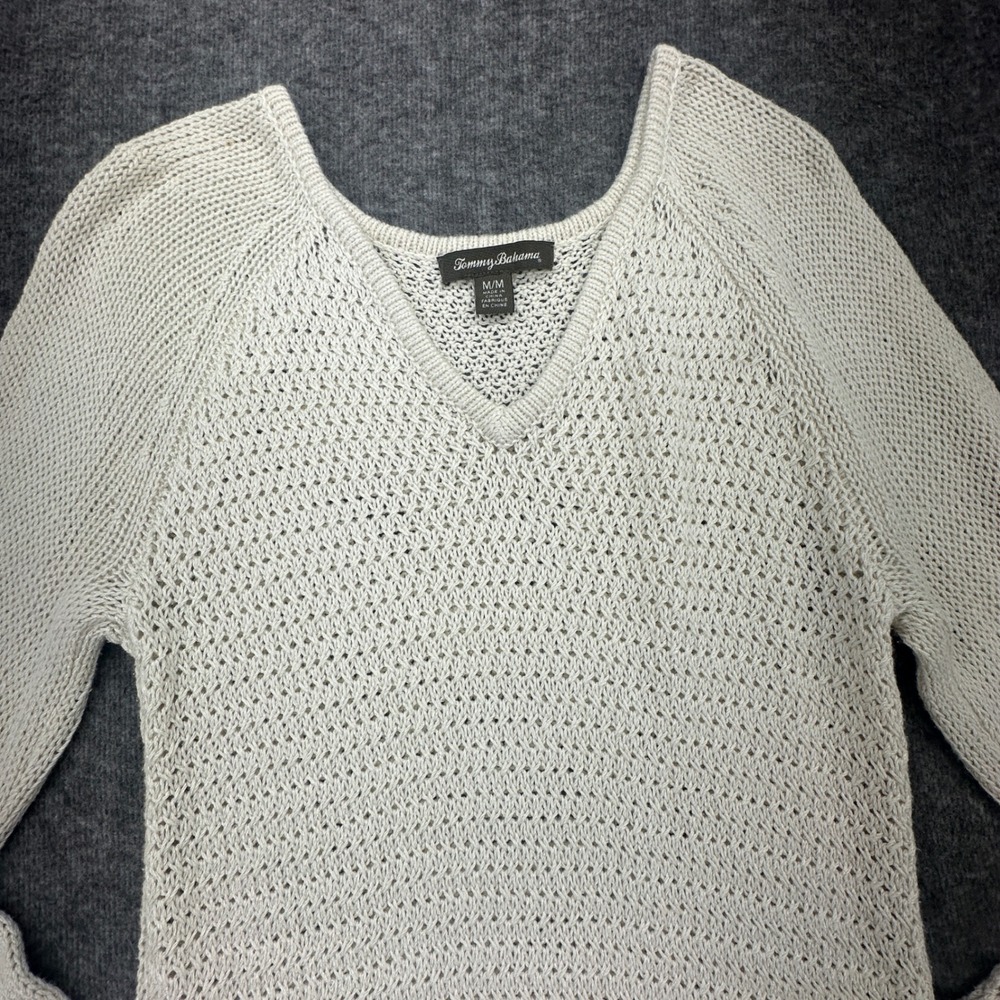 Tommy Bahama Womens Ivory V-Neck Crochet Knit Sharkbite Hem Tunic Sweater Size M - Picture 7 of 9
